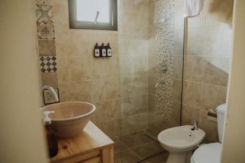 a bathroom with a shower and a sink and a toilet at LAS LOICAS in Esquel