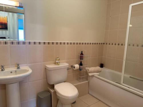 a bathroom with a toilet and a sink and a tub at Town Centre Apartment in Westport