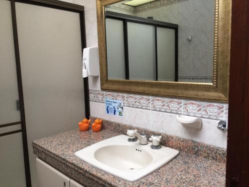La salle de bains est pourvue d'un lavabo et d'un miroir. dans l'établissement La Casa de Lu Los Rosales, à Manizales