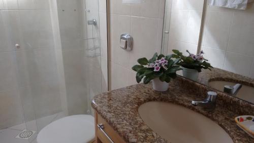 een badkamer met een wastafel, een toilet en een douche bij Residencial Ilha Verde (201) in Florianópolis