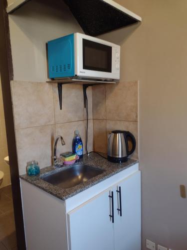 a kitchen with a sink and a microwave at QUIRUS DORMIS in Villa Carlos Paz