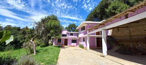 a pink house with a pathway in front of it at Hotel Bosques in Zacatlán