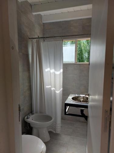 Un baño con inodoro, lavabo y ducha. en Casa Arbet - Villa 25 de Mayo, San Rafael, Mendoza, en San Rafael
