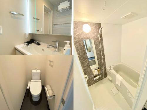 Duas fotografias de uma casa de banho com WC e lavatório. em winco - Vacation STAY 06658v em Tóquio