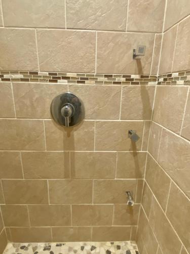 a shower with a shower head in a bathroom at Cedar Mill Hideaway in Woodbury