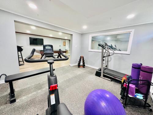 a fitness room with a gym with purple equipment at Cedar Mill Hideaway in Woodbury