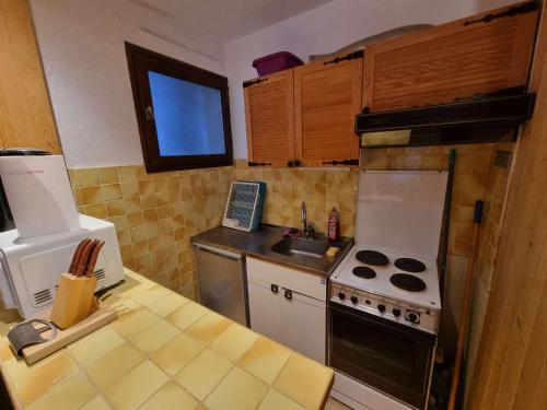 Il comprend une petite cuisine équipée d'une cuisinière et d'un évier. dans l'établissement Studio 4 Pers avec Terrasse et Jardinet - Ski et Randos à Pied - Animaux Admis - FR-1-393-164, à Saint-Michel-de-Chaillol