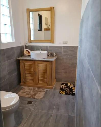a bathroom with a sink and a toilet and a mirror at Saschas Place in Siquijor