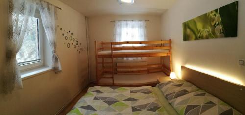 ein kleines Schlafzimmer mit einem Bett und einem Fenster in der Unterkunft Apartmán Cardovi in Dolní Morava