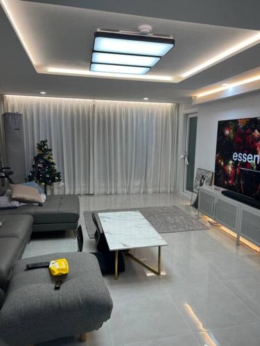 salon z telewizorem i choinką świąteczną w obiekcie Cozy Space with Modern Interior in Hwaseong w mieście Hwaseong