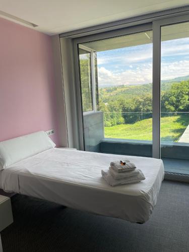 a bedroom with a bed and a large window at Tres Prismas Exclusive in Sarria