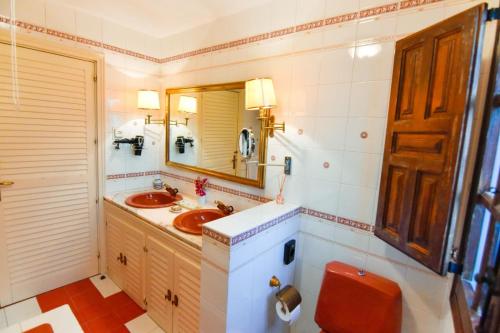 a bathroom with a sink and a mirror and a toilet at Casa Rural El Mirador del Pico in Santa Cruz del Valle