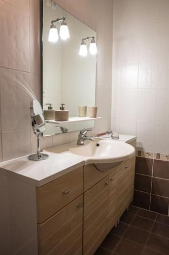 a bathroom with a sink and a mirror at Maison de Ville restylée avec jardin, proche gare in Dunkerque