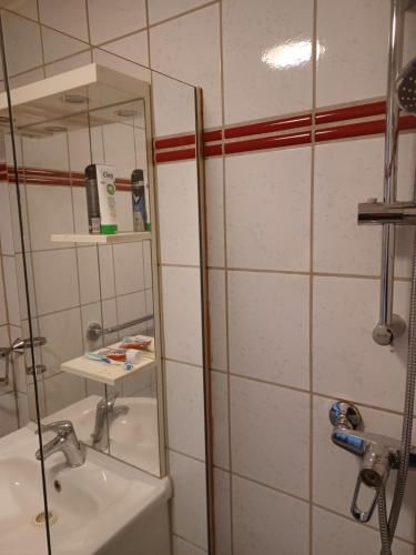 uma casa de banho com um chuveiro, um lavatório e um espelho. em Seidis Apartment mit Küche 