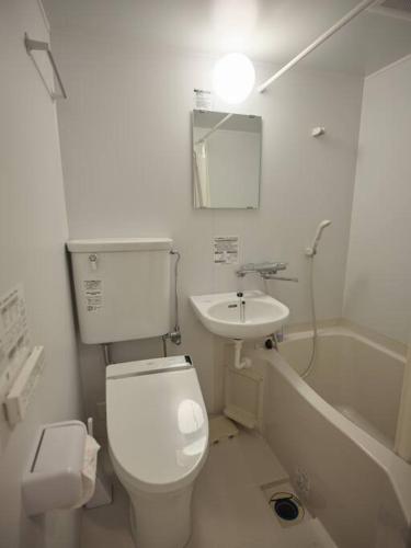 a white bathroom with a toilet and a sink at WAY SHIRAKAWAGO - Free Parking and Newly Opened 2022 WAY SHIRAKAWAGO in Shirakawa