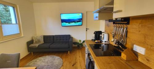 un salon avec un canapé et une télévision au mur dans l'établissement Apartment auf der Schladminger Sonnenseite - smart, zentral & ruhig, à Schladming