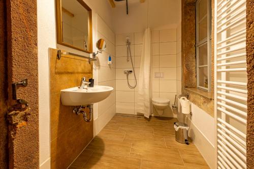ein Bad mit einem Waschbecken und einem WC in der Unterkunft Ferienhaus Muldenschlösschen in Colditz