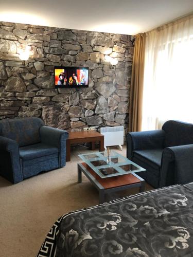 a living room with two couches and a stone wall at Luxury studio in Bansko