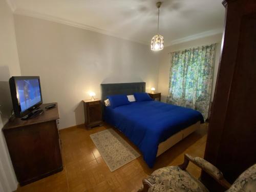 a bedroom with a blue bed and a tv at Le gîte de Pouzatel proche Château de Bonaguil in Fumel