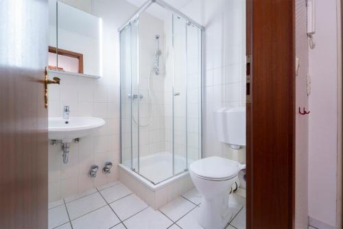 een badkamer met een douche, een toilet en een wastafel bij Haus Titania Wohnung 1 in Grömitz