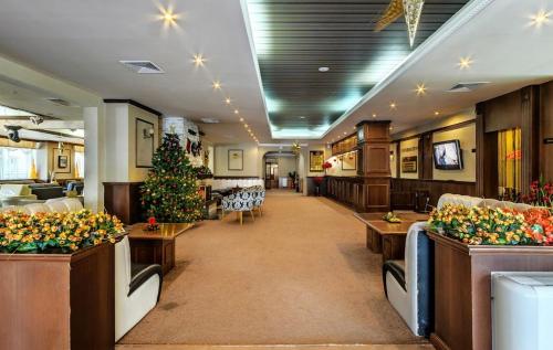 a lobby with a christmas tree and couches at Luxury studio in Bansko