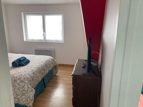 - une chambre avec un lit et une télévision sur une table dans l'établissement T2 cosy bien équipé climatisé pkg ext gratuit, à Fleury-les-Aubrais