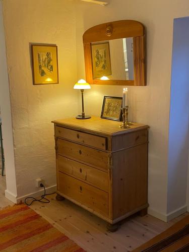 um quarto com uma cómoda com um candeeiro e um espelho em Farmens Gæstehus em Svebølle