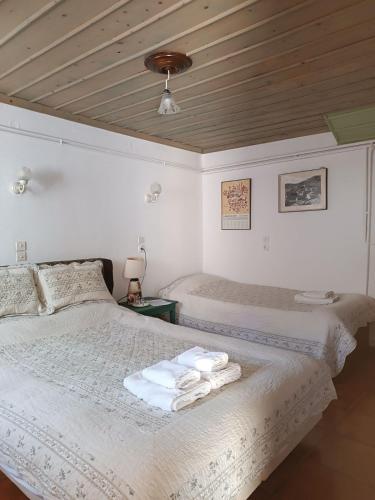 a bedroom with two beds with towels on them at Orestis House in Ano Pedina