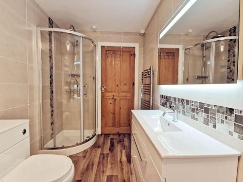 a bathroom with a toilet and a shower and a sink at Gilfach-3 Bed-Dog Friendly-Detached Bungalow in Trearddur