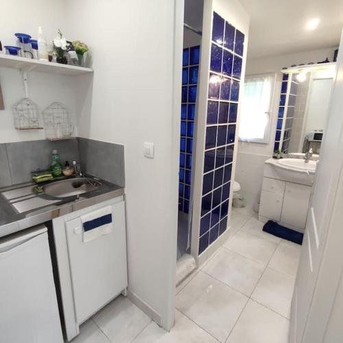 La petite salle de bains est pourvue d'un lavabo et d'une douche. dans l'établissement Studio indépendant dans villa, parking gratuit., à Castelnau-le-Lez