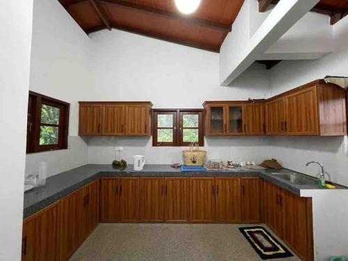 a large kitchen with wooden cabinets and a sink at SOHA Residency in Gampaha