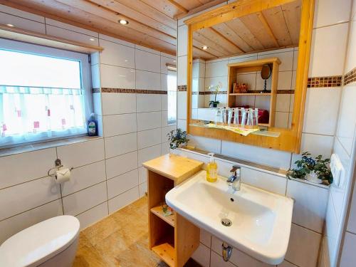 ein Badezimmer mit einem Waschbecken, einem WC und einem Spiegel in der Unterkunft Landhaus Emanuel in Füssen