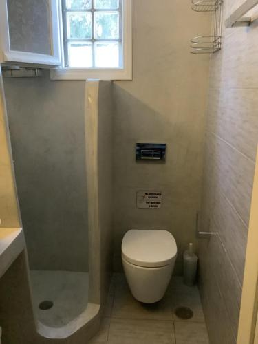 イオス島 チョーラにあるAvli Studios & Apartmentsの小さなバスルーム(トイレ、窓付)が備わります。
