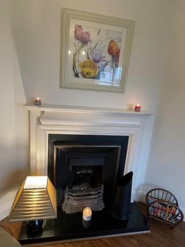 a living room with a fireplace with a picture above it at Modern 5 bedroom house in Spanish Point Clare in Spanish Point