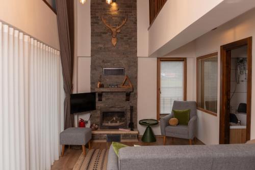 sala de estar con sofá y chimenea en Abant Cozy Homes, en Bolu