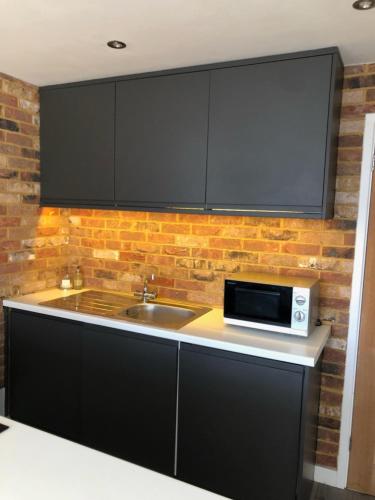 a kitchen with a sink and a microwave at Superfast WiFi studio, bathroom & own entrance in Brighton & Hove