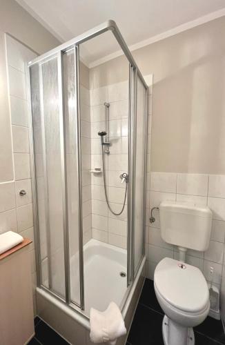 a bathroom with a shower and a toilet at Wiefarn Apartments - Ferienwohnungen in Bad Wiessee am Tegernsee in Bad Wiessee