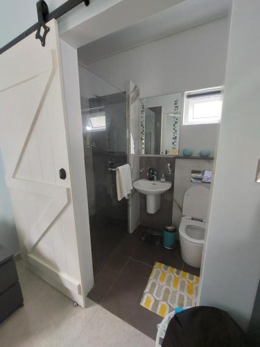 a bathroom with a shower and a toilet and a sink at Reef Hills Residence LUXURY VILLA in Anse aux Pins