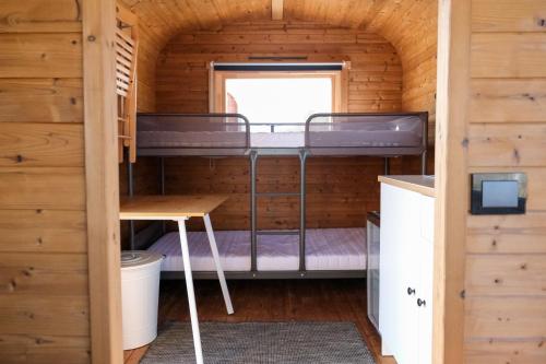 a room with two bunk beds in a tiny house at Dünencamping Amrum in Wittdün