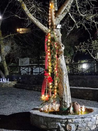 a christmas tree sitting on top of a tree at Malevos Traditional Houses in Áyios Pétros