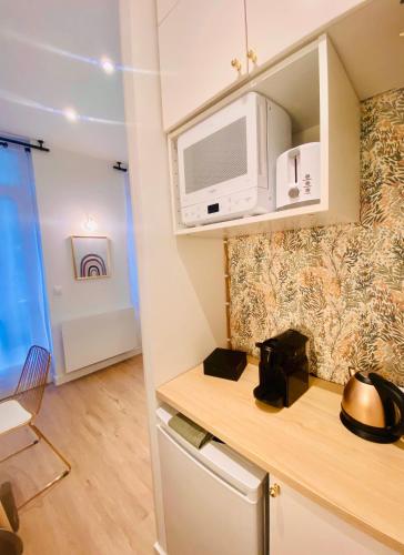 une cuisine avec un micro-ondes et un plan de travail dans l'établissement Au Chant des Oiseaux - Rouen Gare, à Rouen
