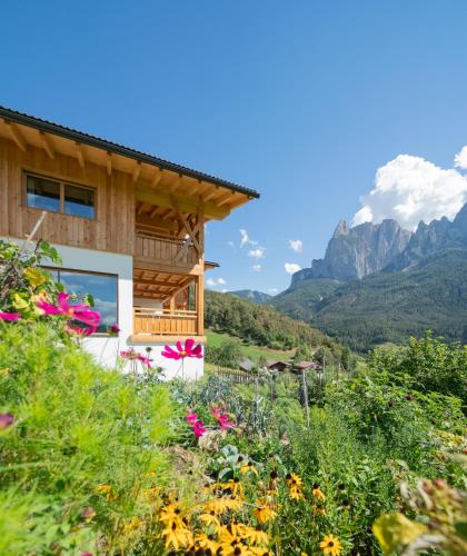 a house in the mountains with flowers at Oberzerod Apartments in Siusi