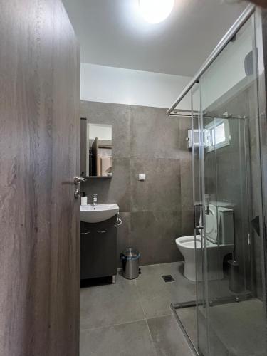 a bathroom with a shower and a sink and a toilet at Casaki38 in Heraklio