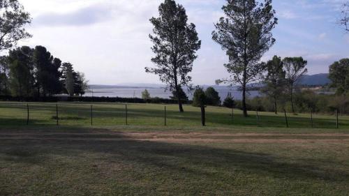 un grupo de árboles en un campo con una valla en La casita de Calamuchita en Los Reartes