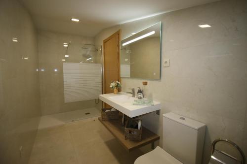 a bathroom with a sink and a toilet and a mirror at Afonsos House & Rooms in Videmonte
