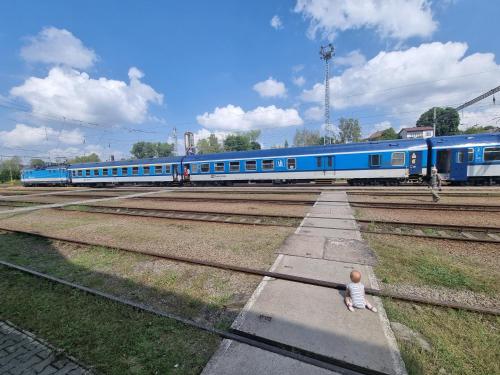 a toy doll sitting on a sidewalk next to a blue train at Cozy rustical house in the highland (entire place) in Kožlí