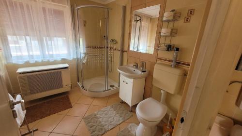 a bathroom with a shower and a toilet and a sink at Zoltán Nyaraló in Zalakaros