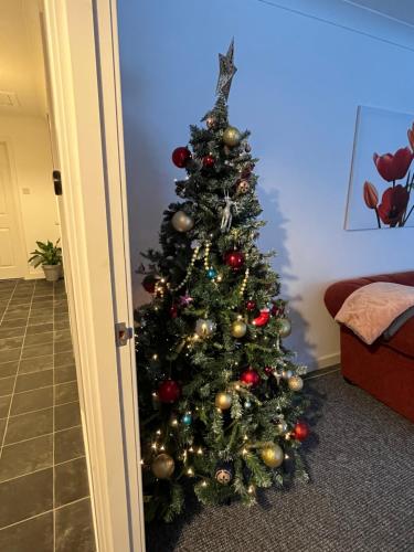 a christmas tree with ornaments on it in a room at River house in Birnam