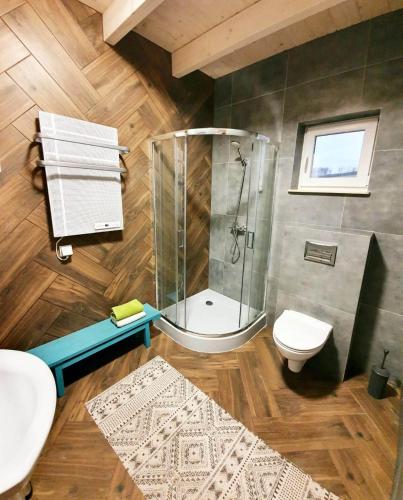 a bathroom with a shower and a toilet at Blue Lake House in Lekarty