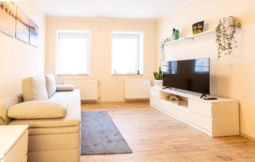 Una sala de estar con un sofá y un televisor. en 163 Zentrum Nord Apartment Messe,HBF,A14, en Leipzig